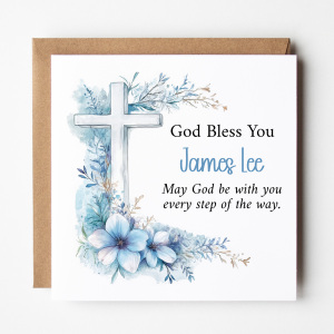 Personalised Baptism Card - God Bless You - Blue Floral Cross