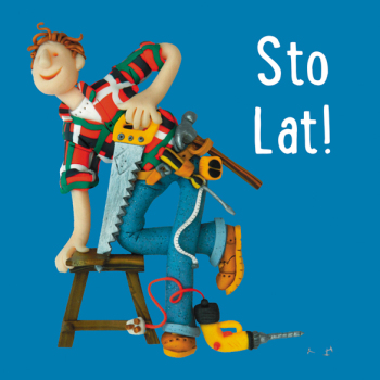 Holy Mackerel sto lat DIY themed male Polish birthday card - designed by artist Erica Sturla - 15cm square and blank inside for your message - made in the UK