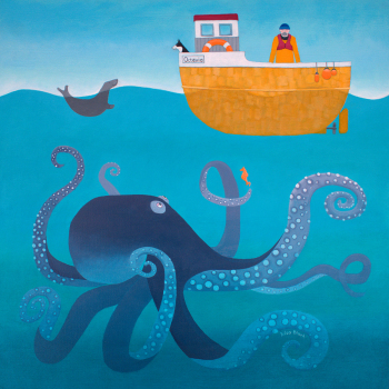 Holy Mackerel Octavia the octopus undersea themed art card for him or her - designed by artist Ailsa Black - 15cm square and blank inside for your message