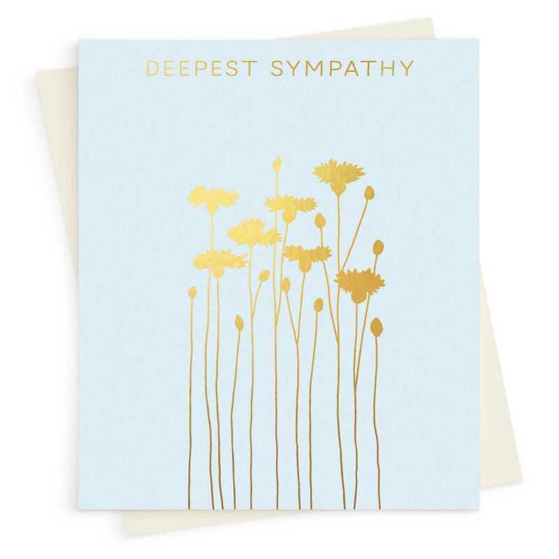Deepest Sympathy card embellished with a gold foil cornflower  design - designed by artist Eloise Hall - 15.7 x 11cm and blank inside