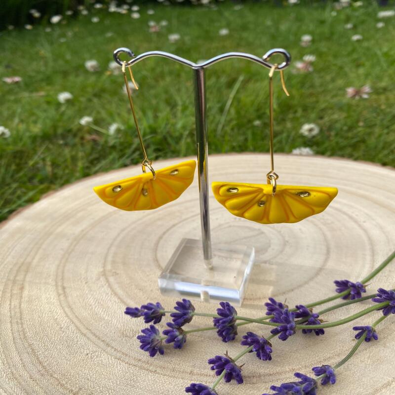 Lemon Hoop Earrings: Gold Leaf Summer Jewelry , polymer clay earrings - silver