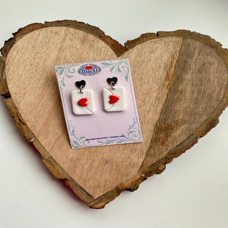 Heart Envelope Dangle Earrings | Handmade Polymer Clay Love Letter - silver