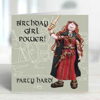 Girl power, funny Boudicca birthday card for her - designed by Erica Sturla - 15cm square and blank inside, made in the UK