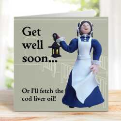 Cod liver oil, funny Florence Nightingale get well soon card - designed by Erica Sturla - 15cm square and blank inside, made in the UK