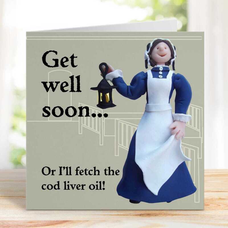 Cod liver oil, funny Florence Nightingale get well soon card - designed by Erica Sturla - 15cm square and blank inside, made in the UK