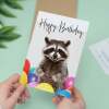 Fun Birthday Card Featuring A Cute Racoon and Colourful Birthday Balloons For Boys Or Girls Him Or Her - Portrait (5x7) / Blank Inside