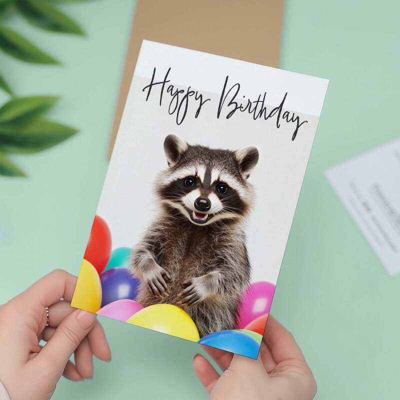 Fun Birthday Card Featuring A Cute Racoon and Colourful Birthday Balloons For Boys Or Girls Him Or Her - Portrait (5x7) / Blank Inside