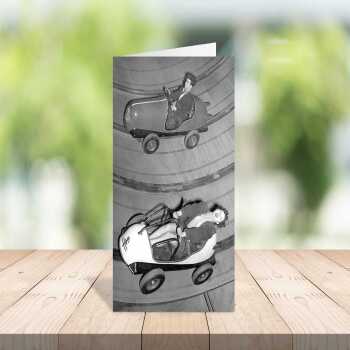 Fairground ride, vintage photographic black and white car themed card - 12.6 x 17.7cm and blank inside - made in the UK