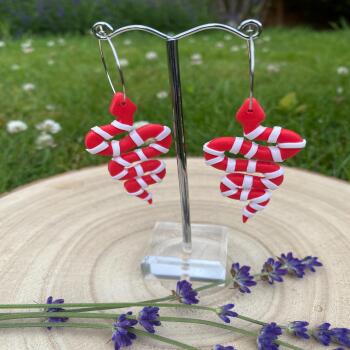 Red & White Striped Kingsnake Earrings: 50s Rockabilly Clay Jewelry