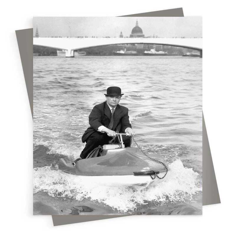 A wet commute- Black and white photographic vintage river boat themed card - 12.6 x 17.7cm and blank inside, made in the UK