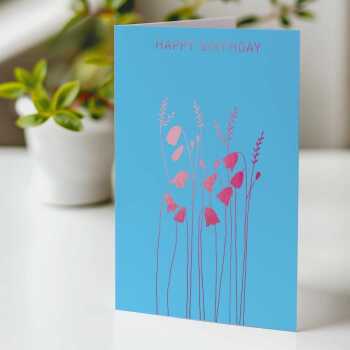 Happy birthday card with a pretty pink foil echinacea print - designed by artist Eloise Hall - 15.7 x 11cm and blank inside