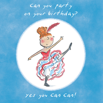 Holy Mackerel Can can, a dance themed Rosie Brooks birthday greetings card, 150mm square, printed in the UK on board from sustainable sources