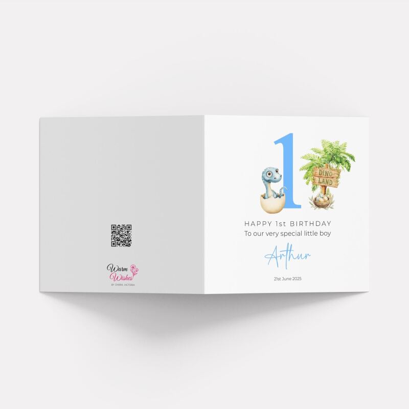 Personalised First Birthday Card Baby Dino in Egg Custom and Handmade for Boys - Smooth No Message - Kraft Brown