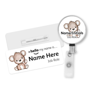 Name Badge & Metal ID Reel - Cute Brown Bear Hello My Name is...
