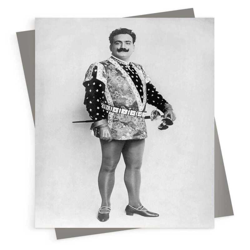 Heroic figure - Black and white photographic vintage card featuring Enrico Caruso - 12.6 x 17.7cm and blank inside, made in the UK