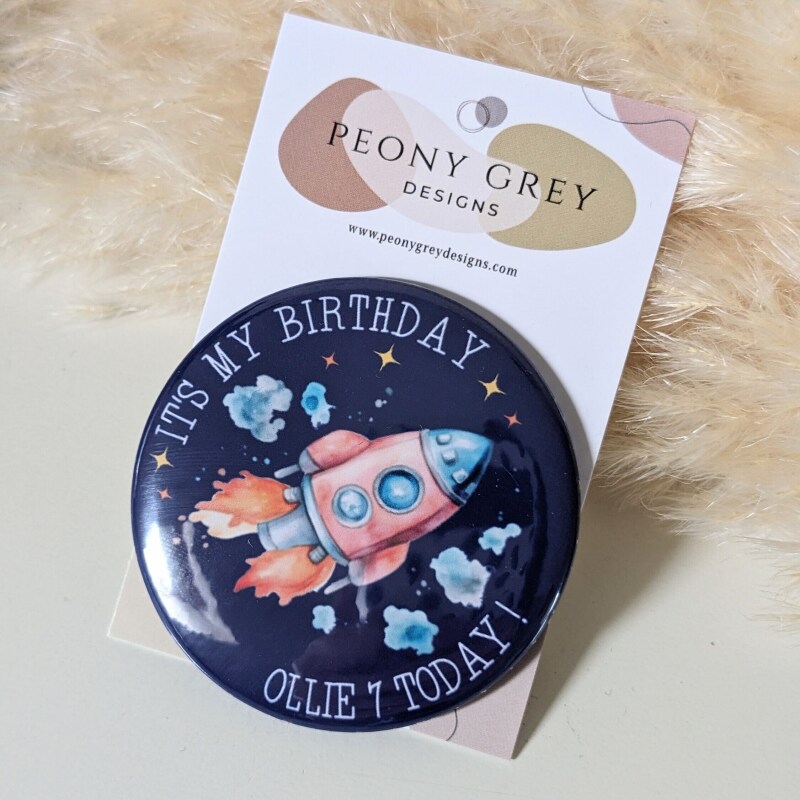 Personalised Space Rocket Birthday Card And Badge, Space Birthday Card. Space Rocket Birthday Card - 