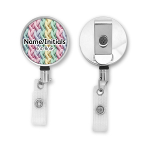 Personalised Metal ID Reel - Pastel Knitted Pattern