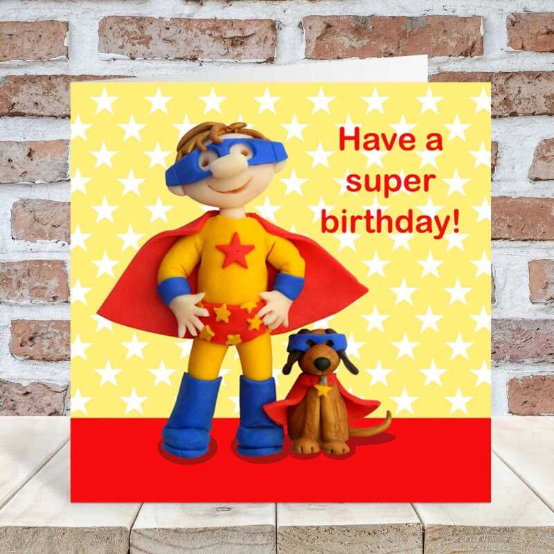 Birthday boy superhero - child's birthday card designed by Erica Sturla - 15cm square and blank inside, made in the UK