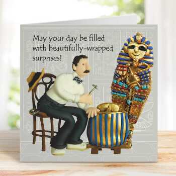 Funny Egyptian mummy birthday card featuring Howard Carter - designed by Erica Sturla - 15cm square and blank inside, made in the UK