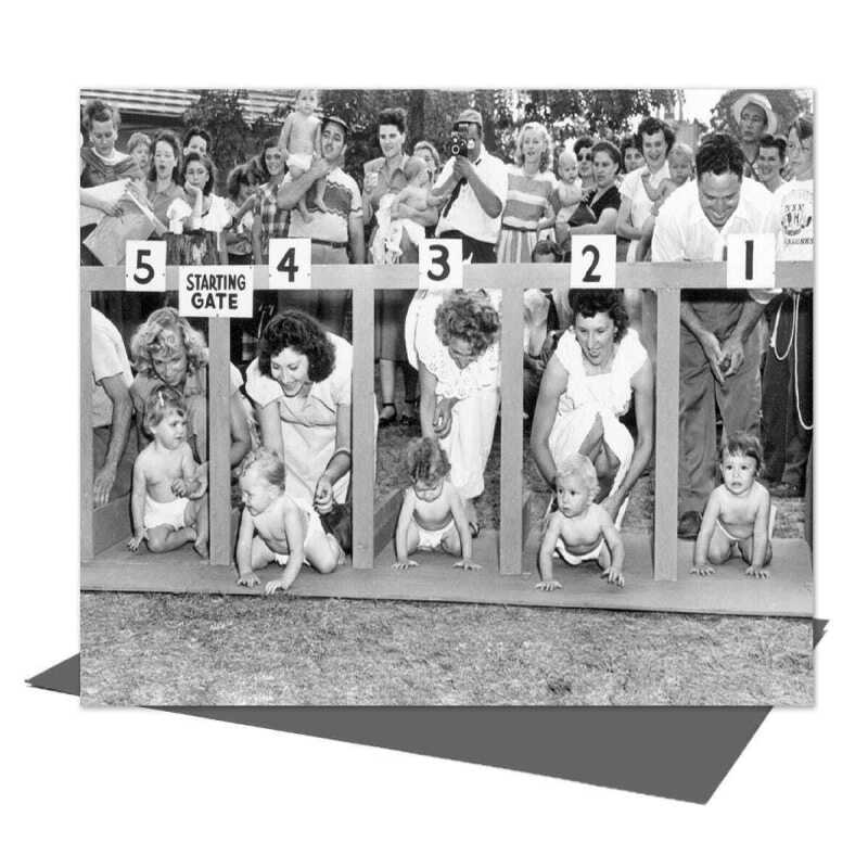 And they're off, black and white vintage photographic card featuring 1950's baby racing - 12.6 x 17.7cm and blank inside - made in the UK