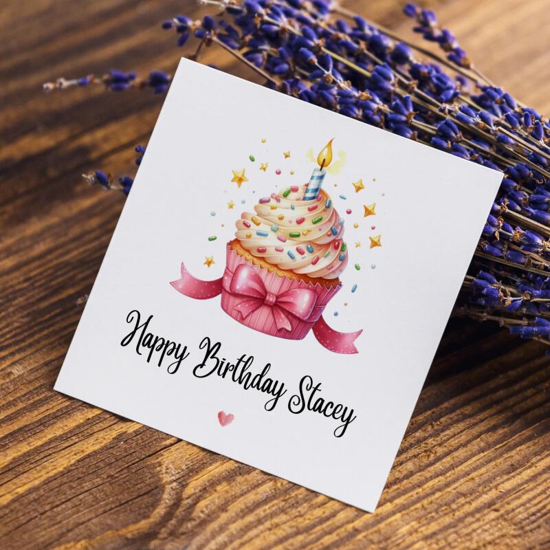 Personalised birthday card pink cupcake candle bow handmade greeting for her or him - Smooth No Message - Kraft Brown
