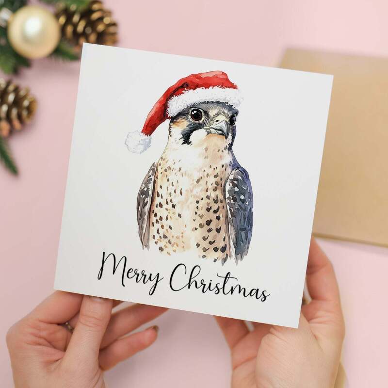 Fun Christmas Card of a Peregrine Falcon Wearing A Santa Hat Whimsical Watercolour Christmas Card For Bird Lover For Him or Her - Square (5.5x5.5) / Blank Inside