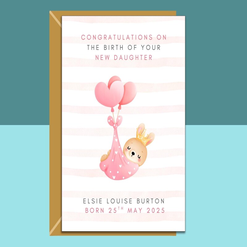 Your New Baby daughter Congratulations Card - Personalised - Perfect for new mum, mom, new dad, new parents - Customised Name Card - Blank inside - Regular - Matte