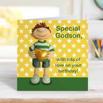 Special Godson birthday card for a little boy- designed by Erica Sturla - 15cm square and blank inside, made in the UK