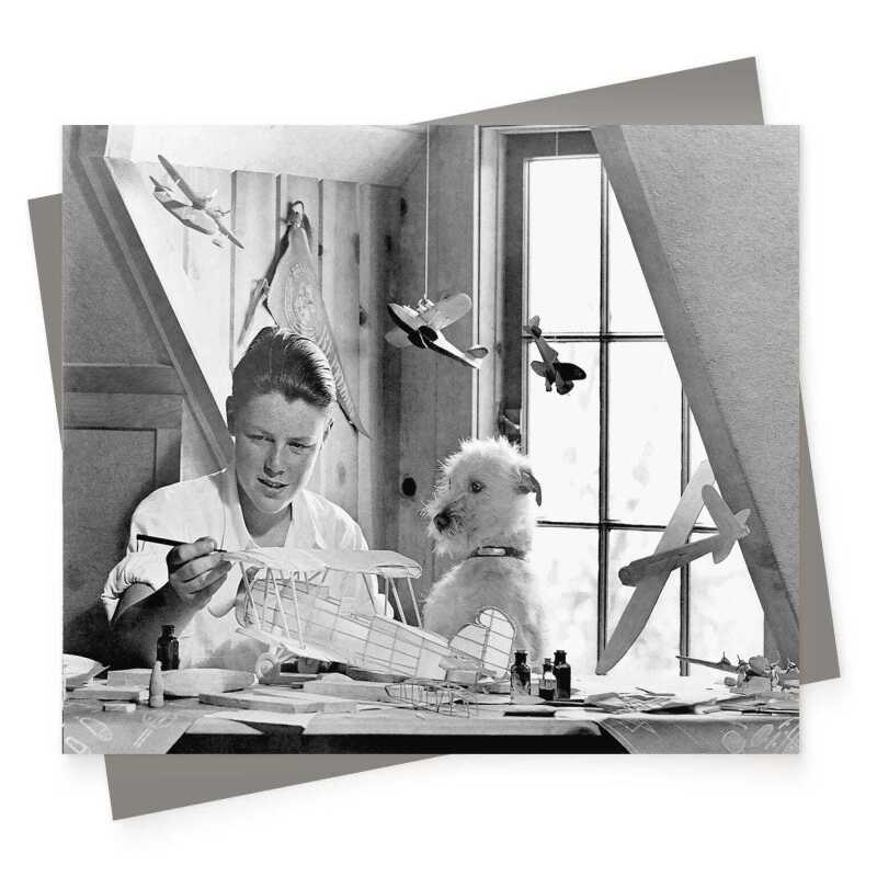 Teamwork, vintage photographic black and white card featuring a young lad and his dog - 12.6 x 17.7cm and blank inside - made in the UK