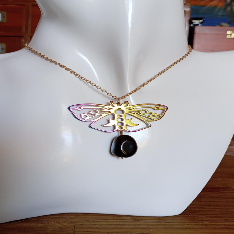 Dark Smokey Quartz bead and Iridescent Moth Gold Necklace 