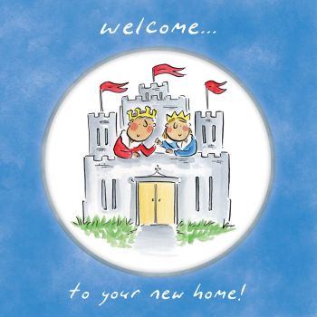 Holy Mackerel Castle, a 15cm square new home/you're moving card featuring Rosie Brooks artwork, blank inside for your message
