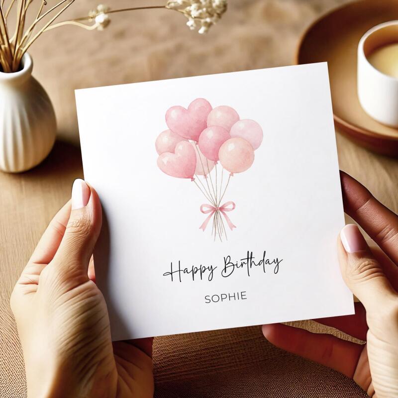 Personalised Birthday Card Pink Heart Balloons Handmade Custom Name Greeting - Smooth No Message - Kraft Brown