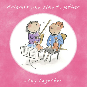 Friends who Play Together Music Themed Greetings Card by Artist Rosie Brooks. Card is 150mm Square.