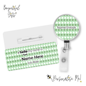 #hello my name is... Name Badge & Metal ID Reel - Green & White Polka Dots