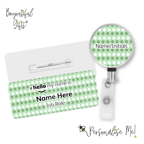 #hello my name is... Name Badge & Metal ID Reel - Green & White Polka Dots