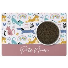 Personalised Pet Bowl Spill Mat - Colourful Dogs and Boho Rainbows - Baby Pink