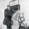 Holy Mackerel a pint at the pub retro black and white photographic card featuring a vintage image of an elderly rider having a beer on his horse - 12.6 x 17.7cm and blank inside