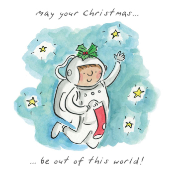 Out of this world Christmas, a 150mm square festive Christmas greetings card featuring Rosie Brooks artwork, message inside reads Merry Christmas
