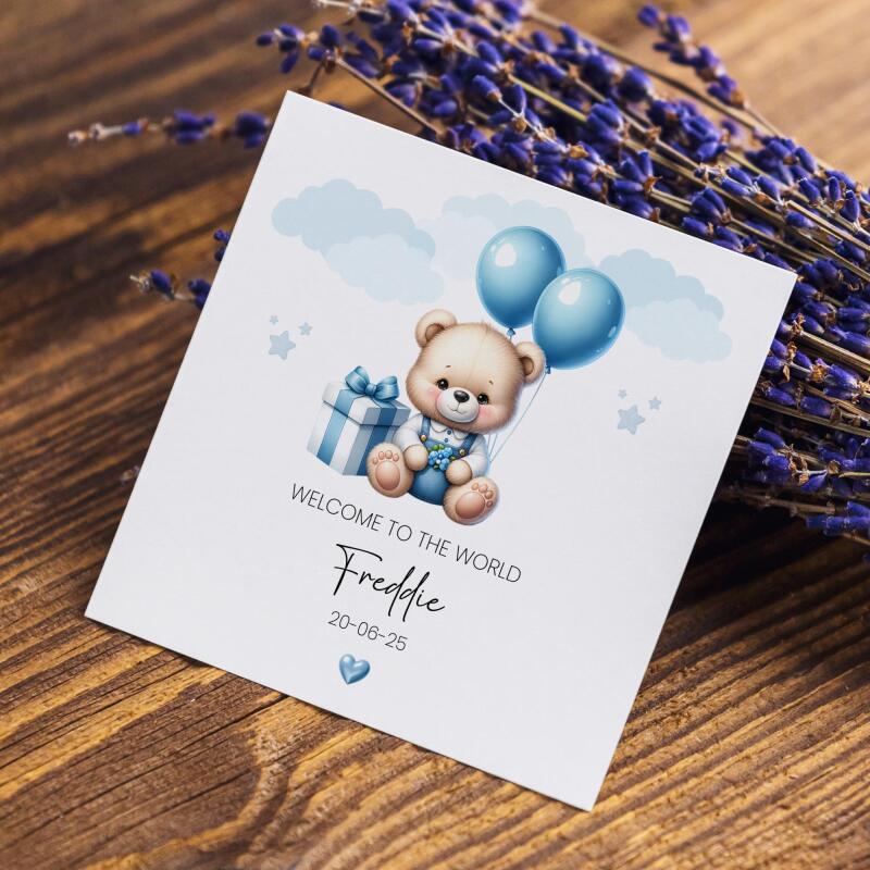 Personalised New born Baby Boy Card Teddy Bear Birth Announcement &ndash; Blue Balloons Keepsake - Smooth No Message - Kraft Brown
