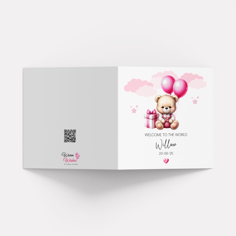 Personalised New Born Baby Girl Card Teddy Bear Birth Announcement &ndash; Pink Balloons Keepsake - Smooth No Message - Kraft Brown