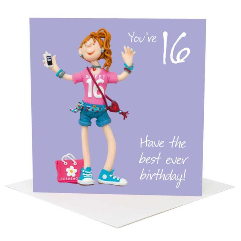 16th birthday card for her - designed by Erica Sturla - 15cm square and blank inside, made in the UK