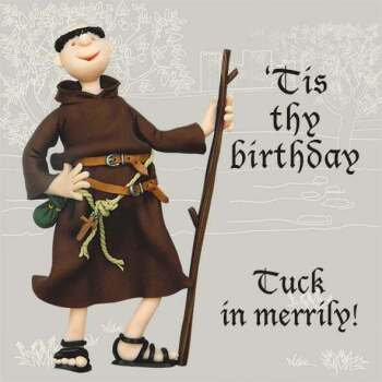 Holy Mackerel tuck in merrily Friar Tuck birthday card featuring the outlaw monk - designed by artist Erica Sturla - 15cm square and blank inside for your message - made in the UK
