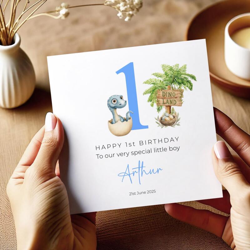 Personalised First Birthday Card Baby Dino in Egg Custom and Handmade for Boys - Smooth No Message - Kraft Brown