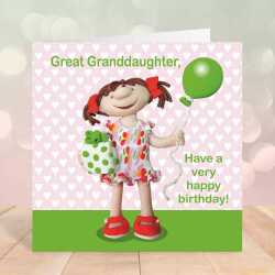 Cute great granddaughter birthday card for a little girl - designed by Erica Sturla - 15cm square and blank inside, made in the UK