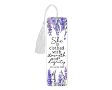 Religious Aluminium Bookmark with Tassel - She Is Clothed With Strength - Tall (Approx. 150mm x 45mm) - Double-Sided Print