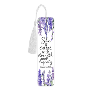 Religious Aluminium Bookmark with Tassel - She Is Clothed With Strength