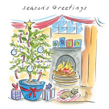 Christmas fireside, a 150mm square festive Christmas greetings card featuring Rosie Brooks artwork, message inside reads Merry Christmas