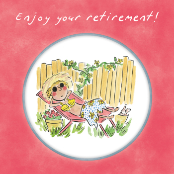 Holy Mackerel Deckchair, a 15cm square retirement card featuring Rosie Brooks artwork, for wife, sister, mum, colleague, friend etc, blank inside for your message