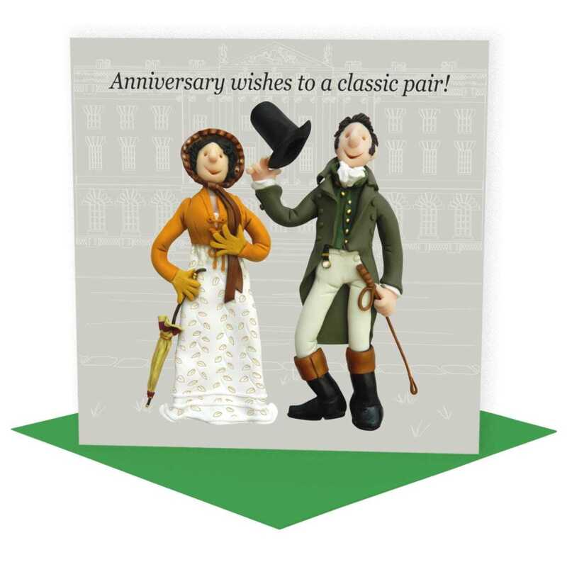 Classic pair, funny Pride and Prejudice themed anniversary card - designed by Erica Sturla - 15cm square and blank inside, made in the UK