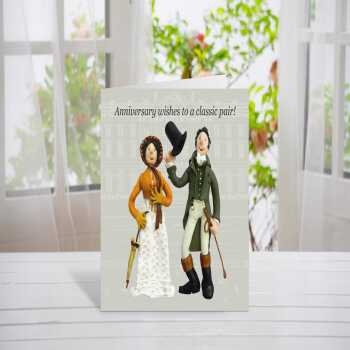 Classic pair, funny Pride and Prejudice themed anniversary card - designed by Erica Sturla - 15cm square and blank inside, made in the UK